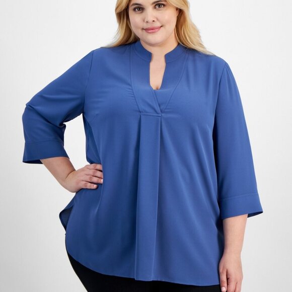 Anne Klein Plus Size Split-Neck 3/4-Sleeve Tunic Top – Blue Jay 2X NWT - Picture 2 of 4